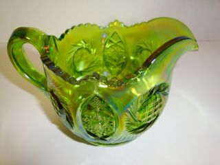Old L.  E.  Smith Lime Green Carnival Glass Hobstar Starburst Creamer
