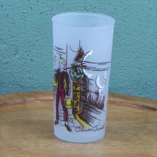 Hazel Atlas Charles Dickens Oliver Twist Frosted Glass Drink Tumbler Christmas