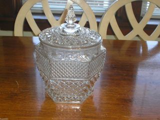 Vintage Indiana Wexford Cookie Jar & Lid Clear Glass Diamond Point Hexagon Usa