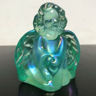 Vtg Signed Fenton Iridescent Green Angel Art Glass Statue Figurine