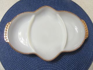 Vintage Fire King Milk Glass Divided Relish Dish 3 - Section Gold Beaded Trim Euc