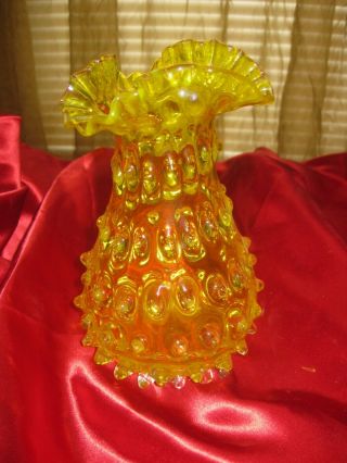 Vintage Fenton ? Hobnail Vase Bright Yellow With Flocked Bouquet