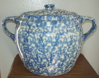 Friendship Pottery Bean Pot Cookie Jar Blue Roseville Spongeware Usa