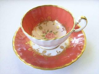 Aynsley Bone China Salmon/coral Gold Gilt Rose Interior Footed Tea Cup & Saucer