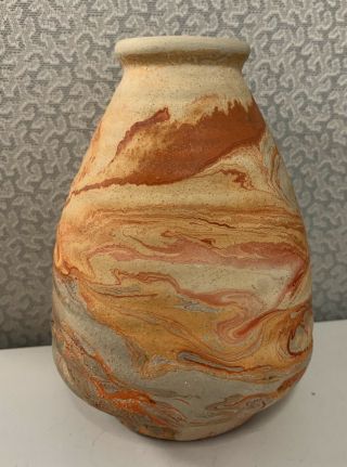 Vtg Nemadji Sw Indian Pottery Vase Mission Swirl Native Clay Green Orange 5.  5 In