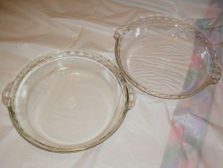 Vintage Pyrex 229 - 9 1/2 " Clear Glass Pie Plates - Scalloped Edges Euc
