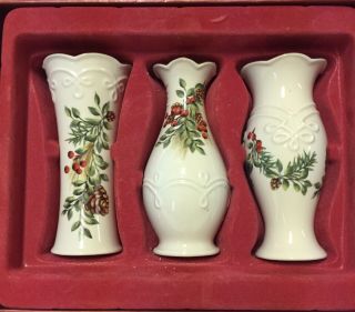 Lenox Williamsburg Boxwood & Pine Set Of 3 Bud Vases 5” Tall