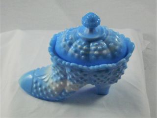 Hobnail Shoe Blue Slag Glass Trinket Box - 6 " X 6 " X 3 "
