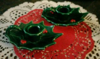 Vintage Pair Lefton Christmas Green Holly Leaf Candlestick Holders