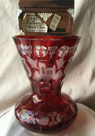 Vintage Bohemian Ruby Red Cut To Clear Glass Castle Blackforest Egermann Vase