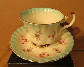 Royal Albert Turquoise Rainbow Edge Floral Teacup & Saucer Made In England