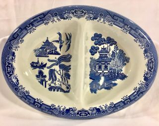 Churchill Blue Willow Oval Divided Serving Bowl / Dish Made In England 10” Euc