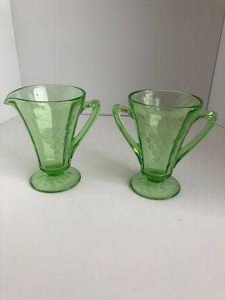 Vintage Depression Glass Green Creamer And Sugar Grape Etched Pattern