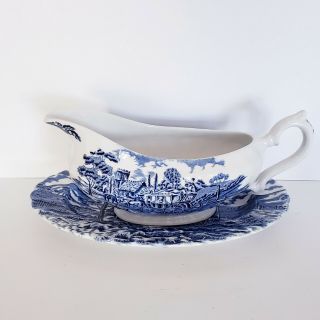 Vintage Myott Royal Mail Blue Gravy Boat With Relish Underplate Staffordshire