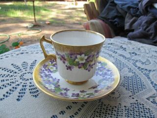 Royal Chelsea Bone China Footed Cup & Saucer Violets Gold Encrusted 393a England