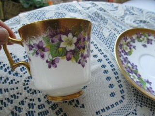 ROYAL CHELSEA bone china FOOTED CUP & SAUCER VIOLETS GOLD ENCRUSTED 393a England 4