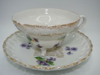 Authentic The " Lords Prayer " Bone China Teacup & Saucer Floral W/gold Trim