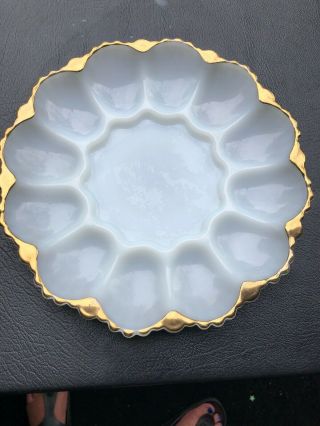 Vintage White Milk Glass With Gold Trim Deviled Egg 10 " Tray Plate Dish