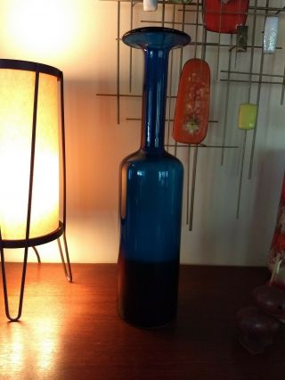 Style Of Holmegaard Otto Brauer Blue Vase 16 And 1/2 Inches Tall.