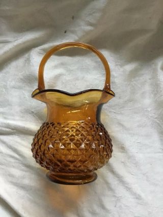 Vintage 10 1/2 " Amber Glass Basket Ruffled Edge Diamond Pattern Swizzled Handle