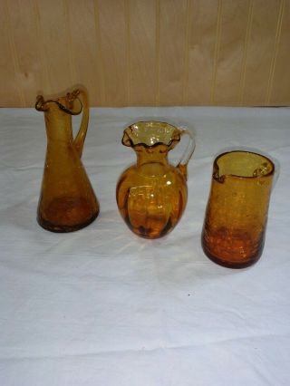 3 Vtg Crackle Hand Blown Art Glass Amber Pitcher /vase Ruffle Applied Handle