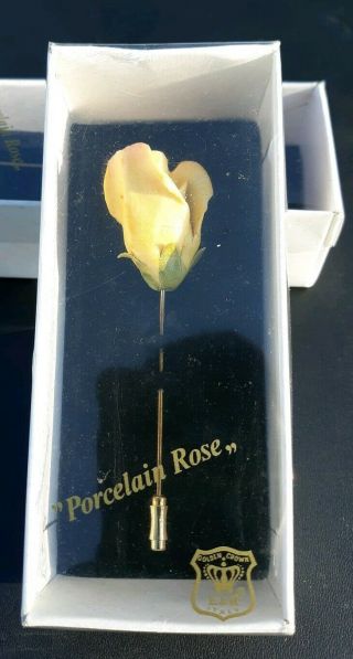 Vtg Golden Crown E & R Italy Porcelain Yellow Rose Stick Pin Brooch 4 "