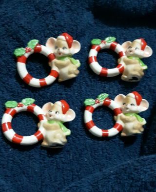 Vtg.  Ceramic Christmas Mouse Mice Napkin Rings Set/4 Japan Guc