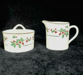 Gibson Christmas Charm Creamer Sugar Dish With Lid Holly Berry Berries Holiday