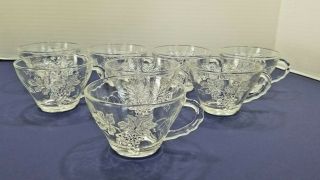 Vintage 10 Punch Bowl Cups With Grapes And Leaves Clear Glass - Euc