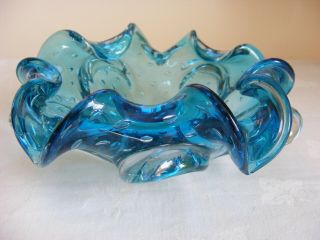 Vintage Czech Art Glass Blue Bowl With Controlled Bubble Pattern