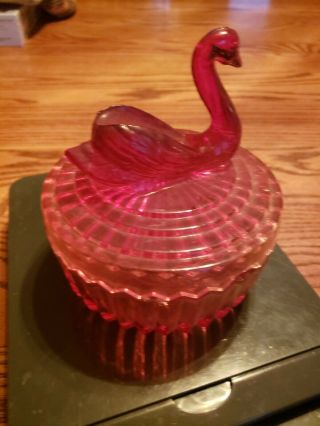 Vintage Jeanette Glass Swan Covered Powder Dish Candy Dish.  Amber Color