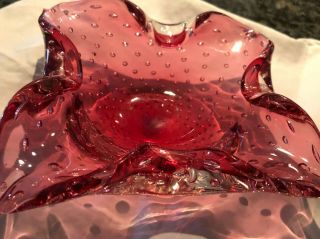 Vintage Murano Style Ruby Red & Clear Glass Controlled Bubble Bowl/dish/ashtray.