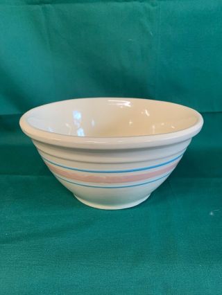Vintage Mccoy Pottery Pink & Blue Stripe Mixing Bowl 10 " With Sticker