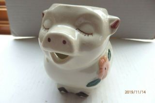 VINTAGE SHAWNEE POTTERY SMILEY PIG CREAMER PITCHER WITH PEACH/ PINK FLOWER USA 2