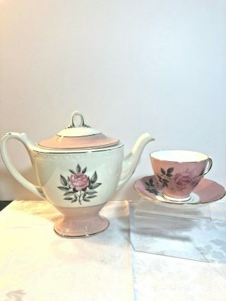 Vintage Pink Rose Tea Pot,  & Matching Rose Design Bone China Colclough Tea Cup