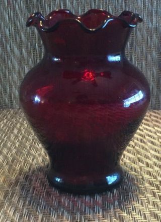 Small 4 " Vintage Ruby Red Anchor Hocking Bud Vase Ruffle Edge Mcm
