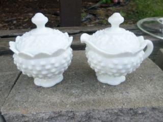 Vintage Fenton Art Milk Glass Hobnail Cream And Sugar With Lids Marked