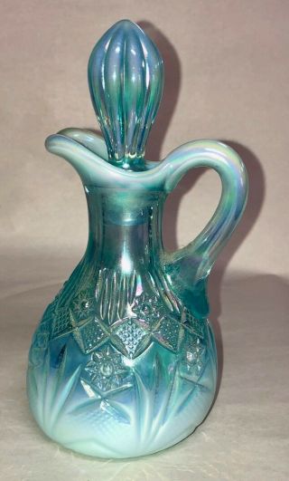 Vtg Blue Opalescent Glass Cruet 6 1/4” Tall With Stopper No Chips Or Cracks