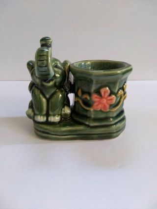 Vintage Elephant Ceramic Planter Green Glaze Trunk Up Good Luck Flower Design