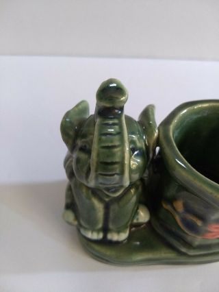 Vintage Elephant Ceramic Planter Green Glaze Trunk Up Good Luck Flower Design 2
