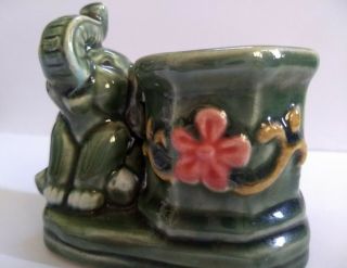 Vintage Elephant Ceramic Planter Green Glaze Trunk Up Good Luck Flower Design 3