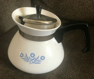 Vintage Corning Ware Corelle Cornflower Blue Teapot Kettle 6 - Cup With Black Lid