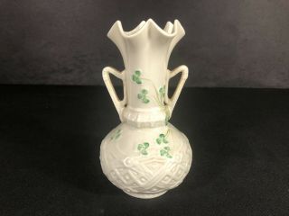 Vintage Irish Belleek Celtic Handled Shamrock Vase 6 1/2” Tall