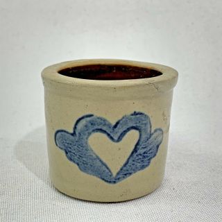 Mini Beaumont Brothers Pottery Crock Blue Salt Glaze Heart Stencil