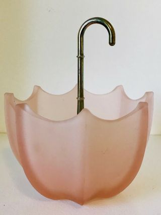 Vintage Fenton Frosted Pink Glass Umbrella Candy Dish With Metal Handle 6 - 1/2 "