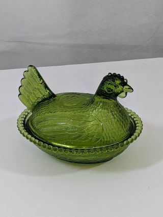 Vintage Indiana Carnival Green Beaded Glass " Nesting Hen " Chicken Nest