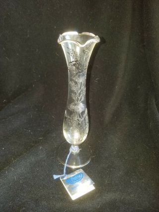 Silver City Glass Co.  Flanders Sterling Silver Overlay Bud Vase Footed 8.  5 "