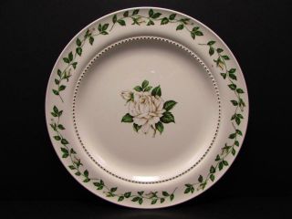 Cameo Rose By Hall 10 - 3/8 " Dinner Plate White Rose And Buds Gold Dots L4