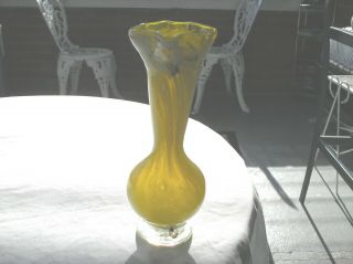 Murano Art Glass Yellow And White Splatter Vase Ruffled Edge Handblown