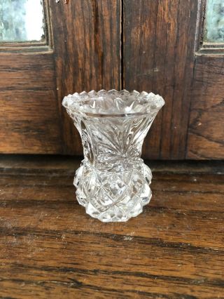 Vintage Cut Glass Toothpick Holder,  Small Mini Bud Vase Fan Design 2 3/4 " Tall